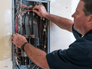 electrician upgrading electrical panel to larger size 